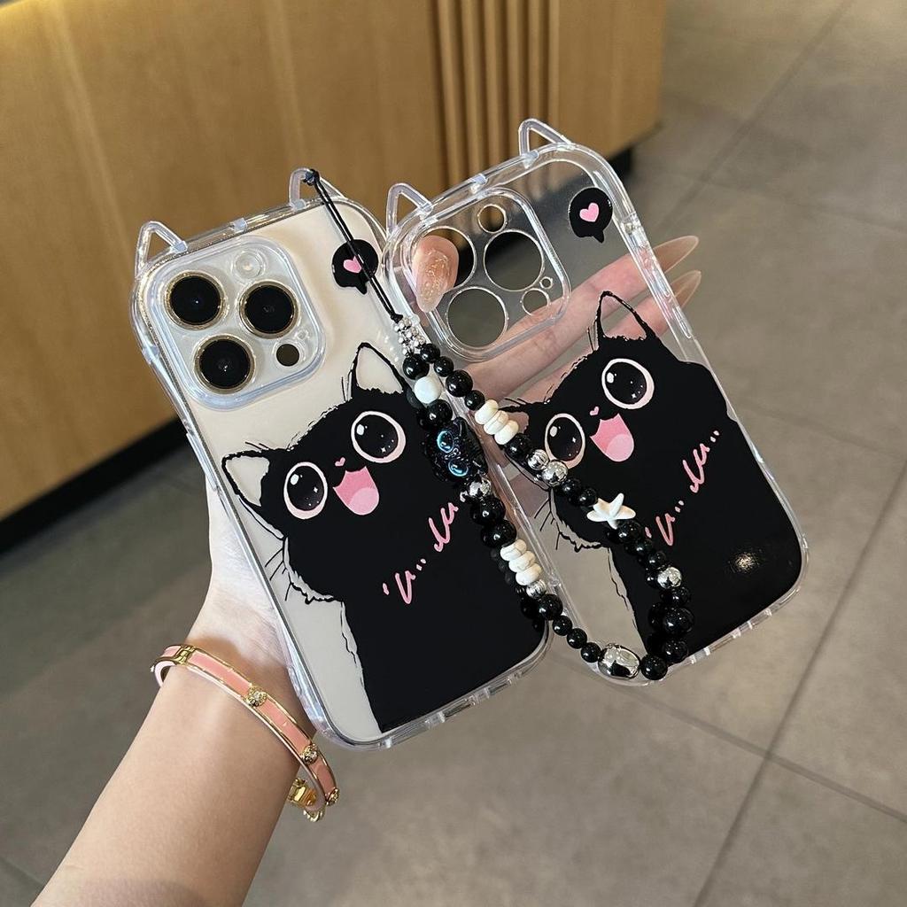 The New Models Are Suitable for Iphone16 Sweet and Cool Cat 13 with Bracelet Phone Case and Apple 15 Cat Ear Transparent Protective Case