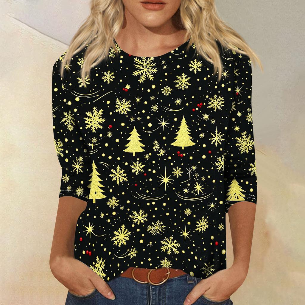 Women's Casual Christmas Print Neck 3/4 Sleeve T-Shirt