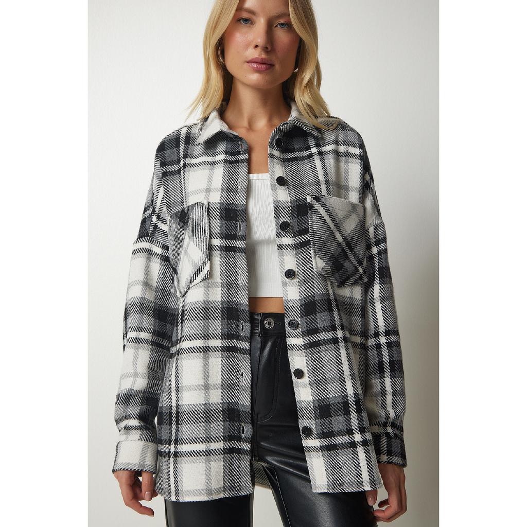 Dámská béžová krémová vzorovaná nadměrná kašmírová košile dřevorubce Tu00034