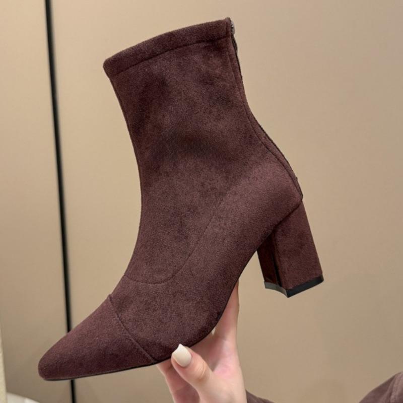 

Fashion Women Suede High Heels Pointed Toe Ankle Boots Designer Chunky Shoes 2025 Winter New Short Boots Fashion Elegant Zapatos Mujer 35 коричневый