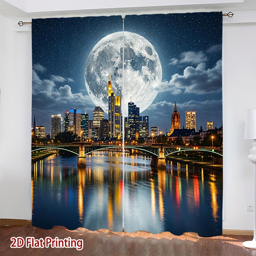 Abstract Full Moon Night Sky City Skyline Curtains Window Tapestry Decor Luxury Blue Polyester Curtain