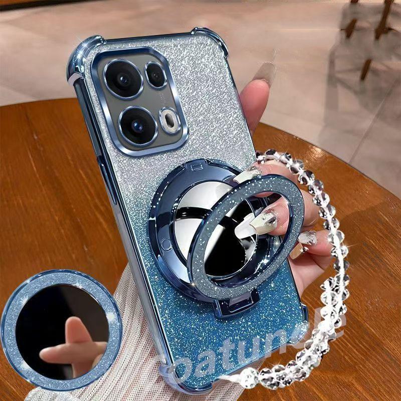 Glitter Magnetic Mirror Stand Bracelet Holder Case For Huawei Pura 70 Pura70 Ultra P60 P50 P40 P30 Lite P30 Pro Shockproof Cover