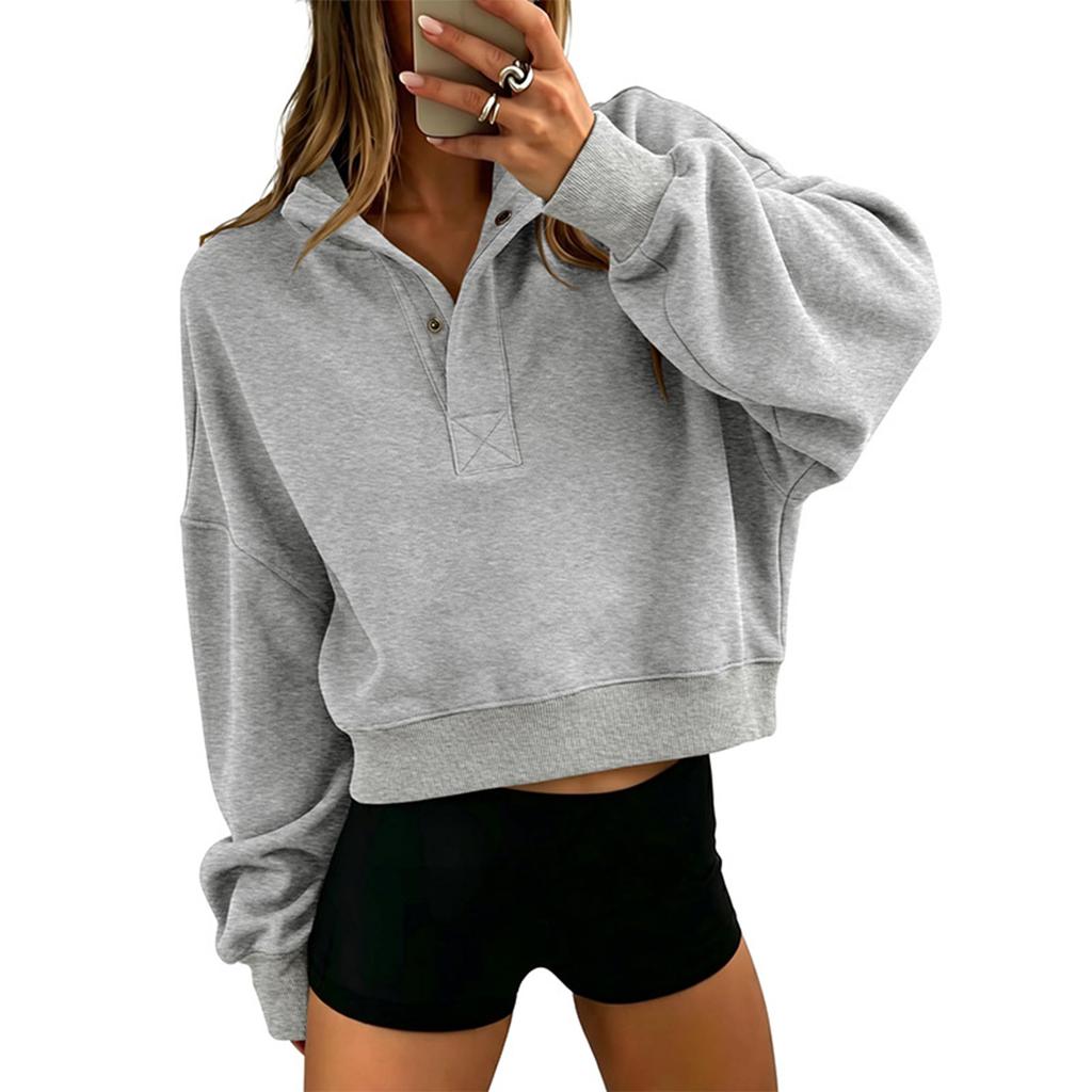 Women's Color Loose Fit Half Zip Button Long Sleeve Sweatshirt Top