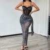 Leopard Print Lace Bustier Maxi Dress, Spaghetti Strap Ruched Bodycon Sexy Clubwear Dress For Women