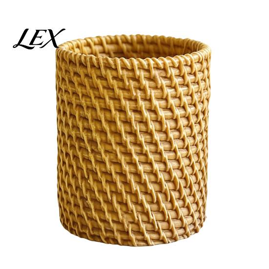 Pen Storage Container Faux Rattan Holder, Woven Style Makeup Brush Boho Pencil Case Desktop Organizer, Multi-functional Resin Cup for Home Office