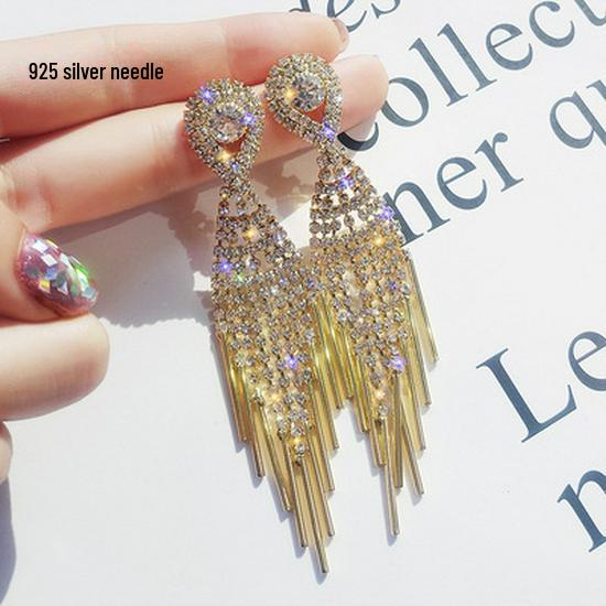 Korean Style Slim-Face Diamond Stud Pearl Tassel Zircon Long Earrings