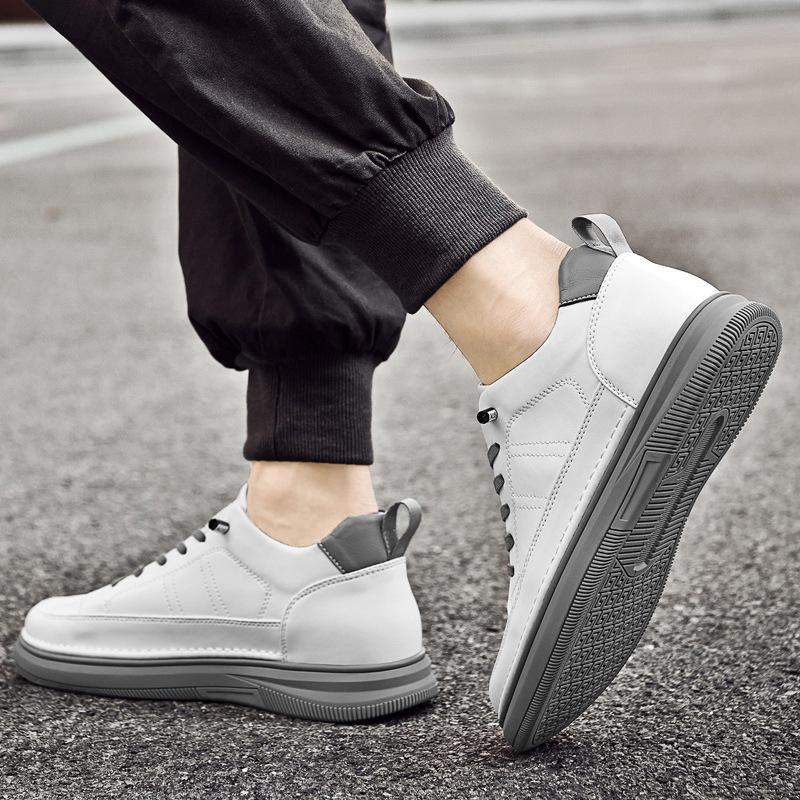 Men's Height-Increasing Platform Sneakers - Thick Sole, Cowhide White, Low-Top, Casual Sports Shoes for Spring
