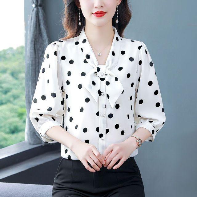 Modisches, viertelärmeliges Chiffon-Hemd mit Schalkragen, bodenlange Bluse, schmale Passform, Sommer, dünnes, kurzes Polka-Dot-Print-Top, M-5XL