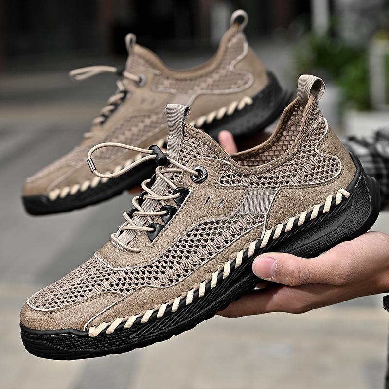 Fashion Men's Casual Mesh Shoes Large Size Breathable Trade Sneakers Shoes Handmade Cowhide Leather Splice Mesh Net Shoes C1165