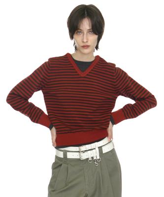 PARTIMENTO WOMEN Colorblock Double Layered Knit Sweater_Chili Stripe