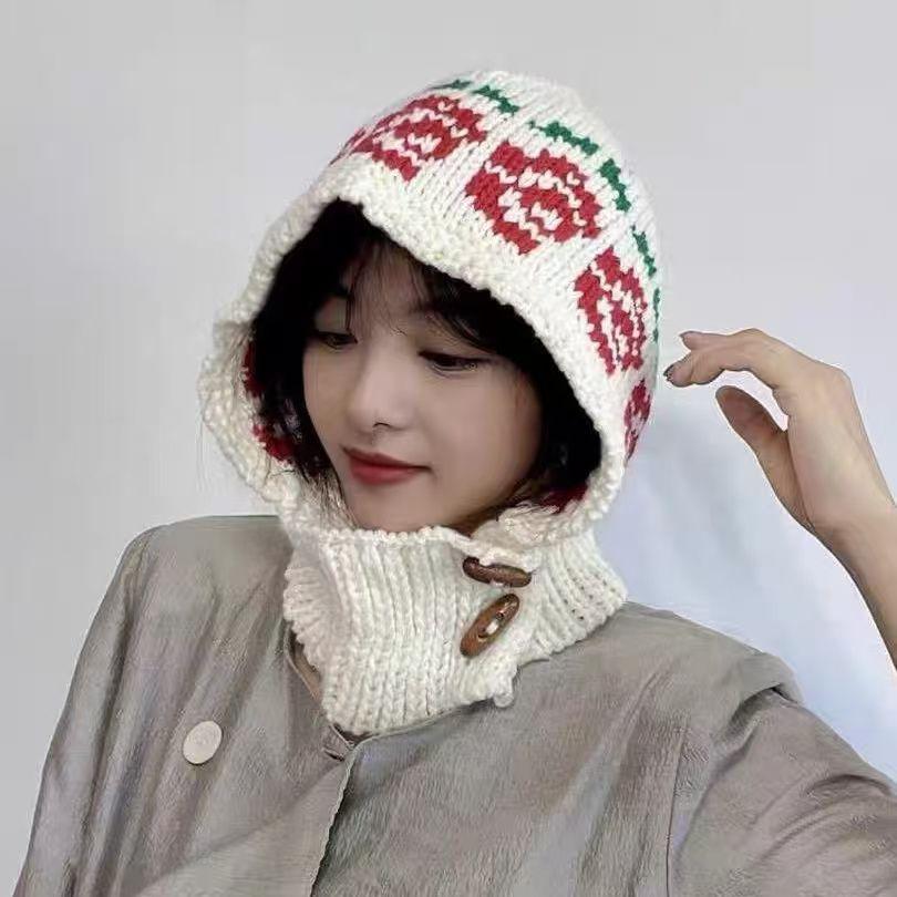 Květinová pletená kukla v korejském stylu pro ženy Zimní teplá vlněná čepice Nákrčník Chrániče uší Integrovaná čepice