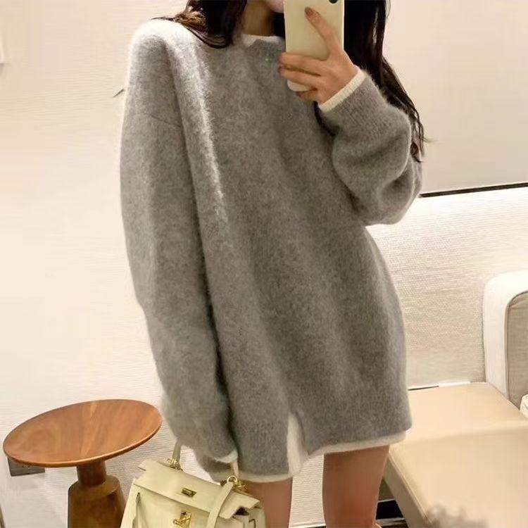 Women Casual Warm O-Neck Soft Knitted Sweater Autumn Winter Long Sleeved Loose Pullovers Fake Two Pieces