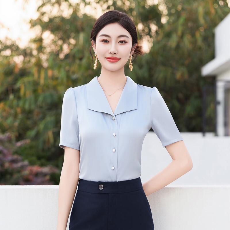 Tluoman Women s Hazy Blue Short-Sleeve Blouse M