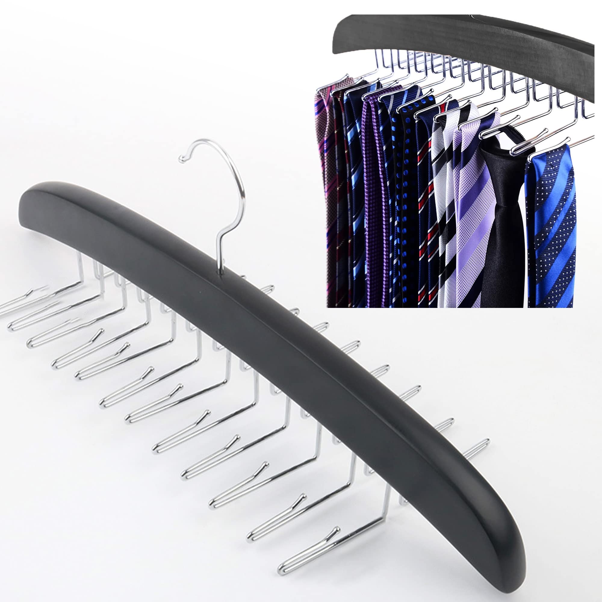 

Tie and Belt Holds 24 Small Durable Hanger, Space-Saving, Ties, Wooden, Closet-Friendly, Non-Slip, Multi-Hanger, Item/Accessory, Business, Hook, чёрный