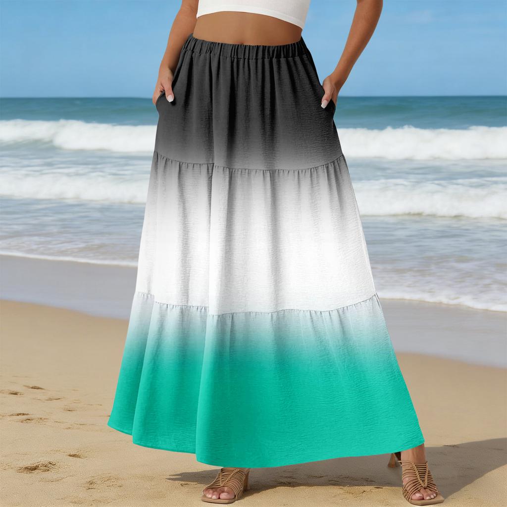 Women's Casual High Waist Drawstring A-line Skirt Color Skirt With Pockets