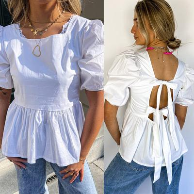 Backless Short Sleeve Shirt Women Casual White Lace Up Top Loose Casual Large Size Blouse Square Collar Puff Sleeve Spring Summer