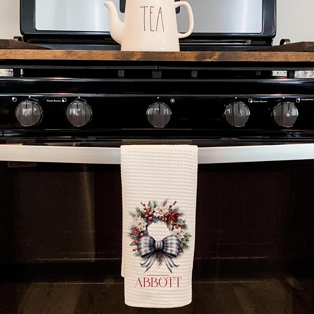 Custom Family Name Christmas Wreath Waffle Tea Towel Kitchen Hand Towel Housewarming Hostess Gift Christmas Winter Home Decor