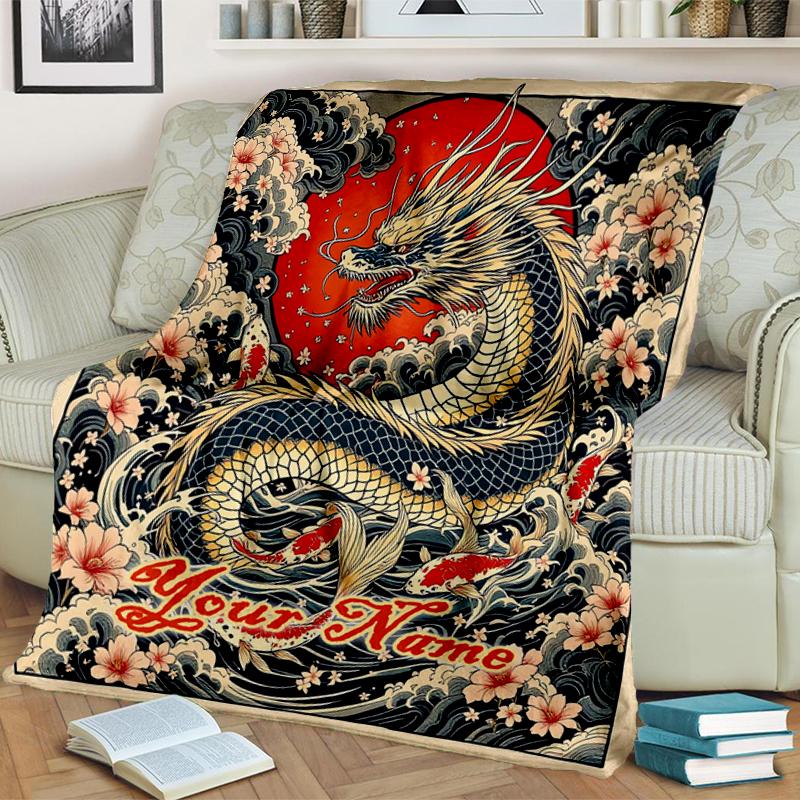 1PC Custom Name Dragon Flowers Tattoo flannel blanket versatile,all-season throw suitable for the living room,bedroom,camping,travel,and gift