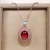 Oval Red Center Stone Pendant Necklace Double Halo Design Sparkling Statement Jewelry for Women