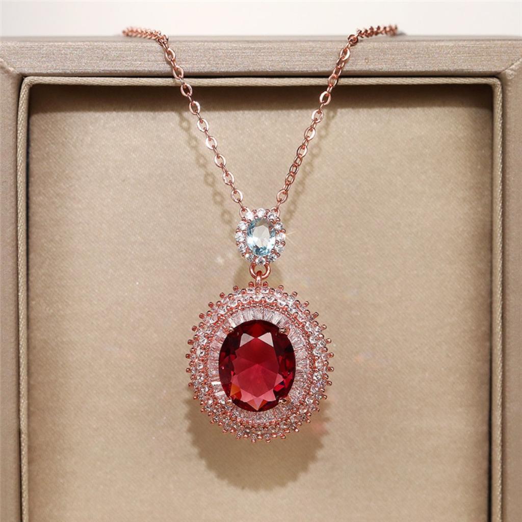 Oval Red Center Stone Pendant Necklace Double Halo Design Sparkling Statement Jewelry for Women