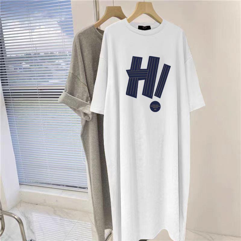 Medium and Long Knee-length Pure Cotton Gray Short-sleeved Dress Women's Summer New Foreign Style Loose Split-ended T-shirt Skirt