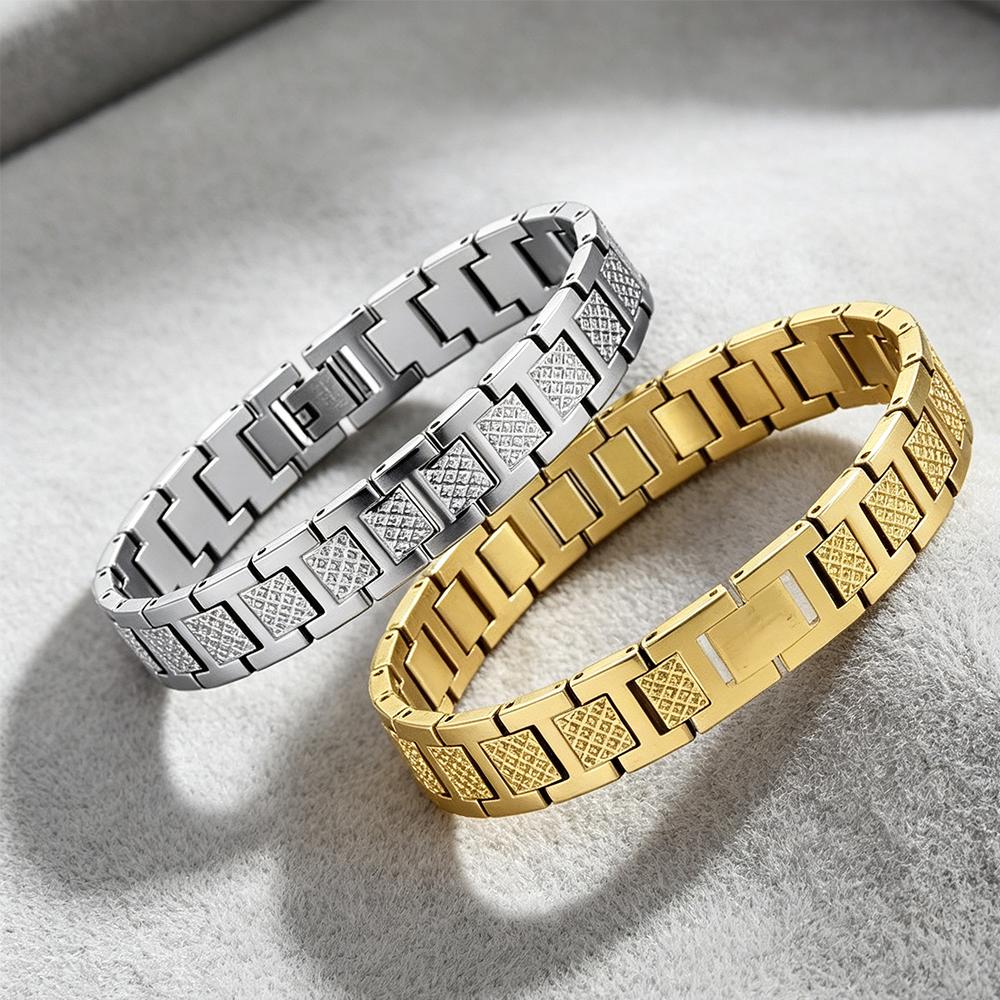 1pc Men's Stainless Steel Link Bracelet, Gold/Silver Tone Rhombus Pattern Wristband, Classic Business Style Jewelry for Daily We