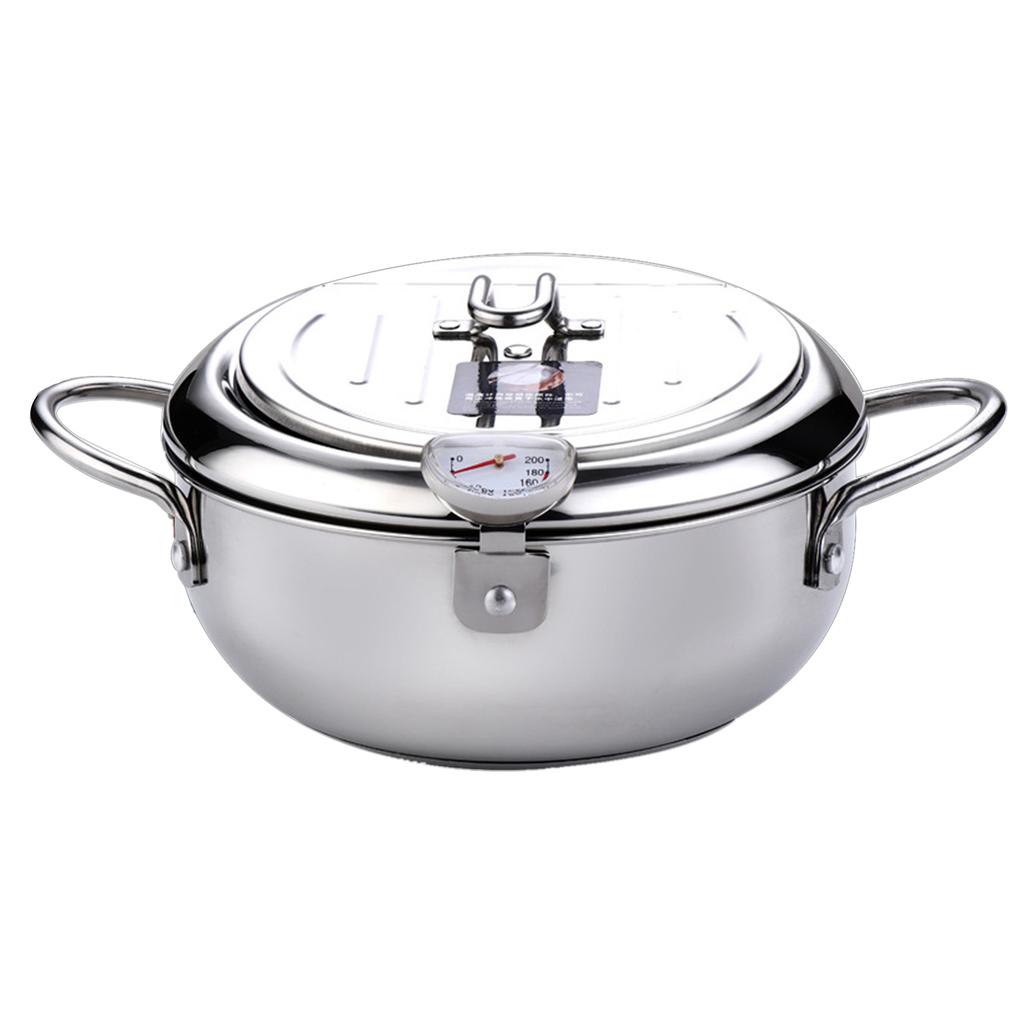 Deep Fryer Pot Stainless Steel Japanese Style Fryer with a Thermometer and Oil Drip Drainer Rack for French Fries Shrimp Chicken Fish