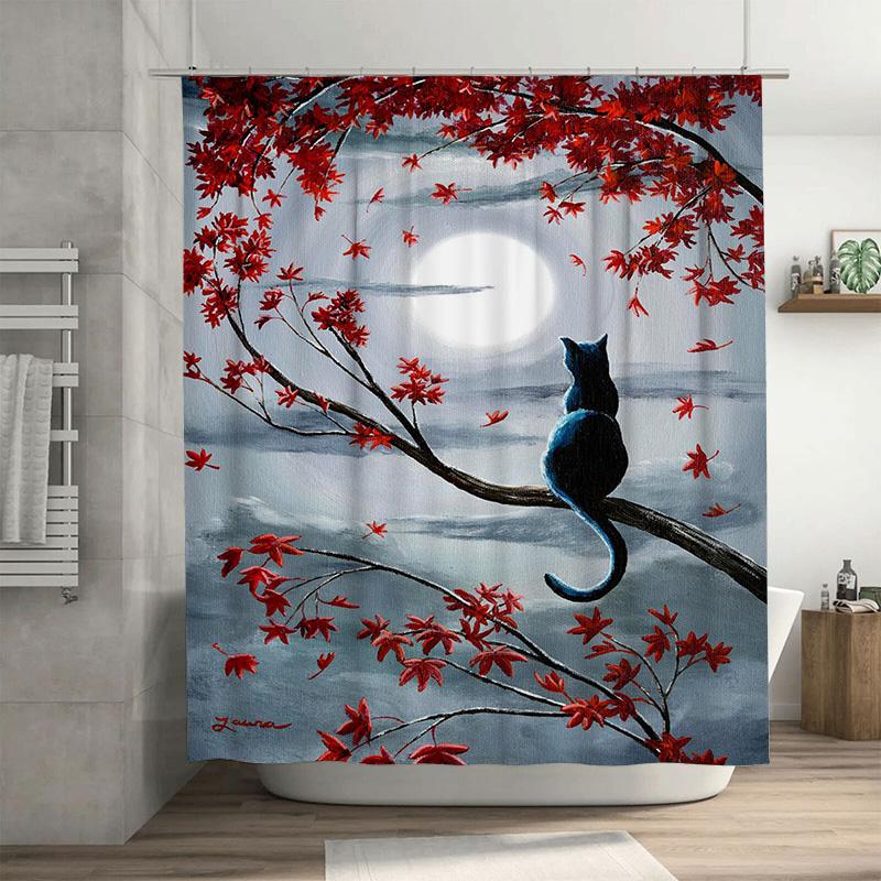 

Whimsical Cat Moonlit Night Shower Curtain: Red Maple Leaves And Blue Sky Pattern Decor For Bathroom Home Decoration In Modern D W60H190(CM)-1 Pcs