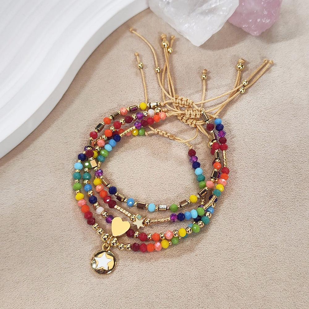 18K Gold Plated Heart Charm Rainbow Crystal Beaded Hand Rope Bracelet Simple European American Style Girls