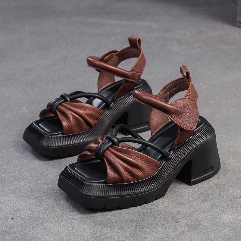 

Fashion GKTINOO Retro Handmade Sandals 2025 Summer New Genuine Leather Splicing Embroidered Thick Sole Fashion Women s Shoes 4