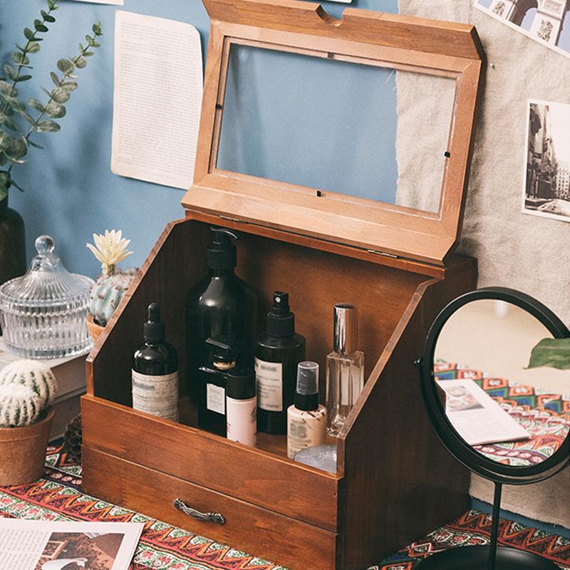 35*27*23cm1pc Vintage Women's Jewelry Wood Drawer Storage Box with Glass lid,Nordic Retro Style Dust-proof Sorting Makeup Cabinets.