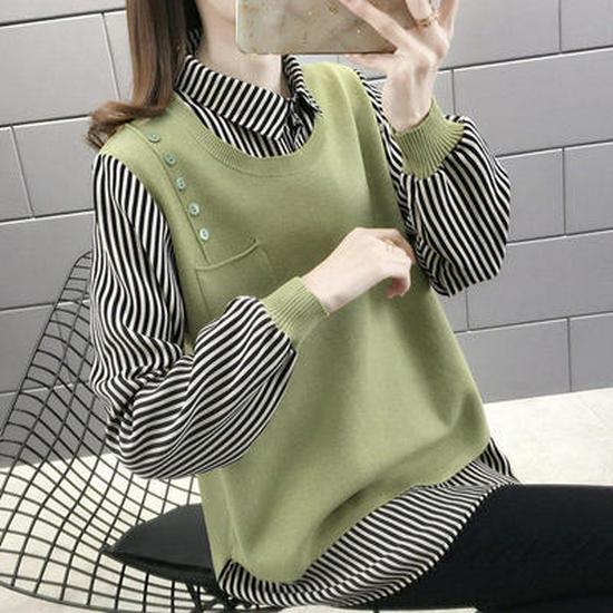 Korean Style Plus Size Long-Sleeved Knit Top with Shirt Collar