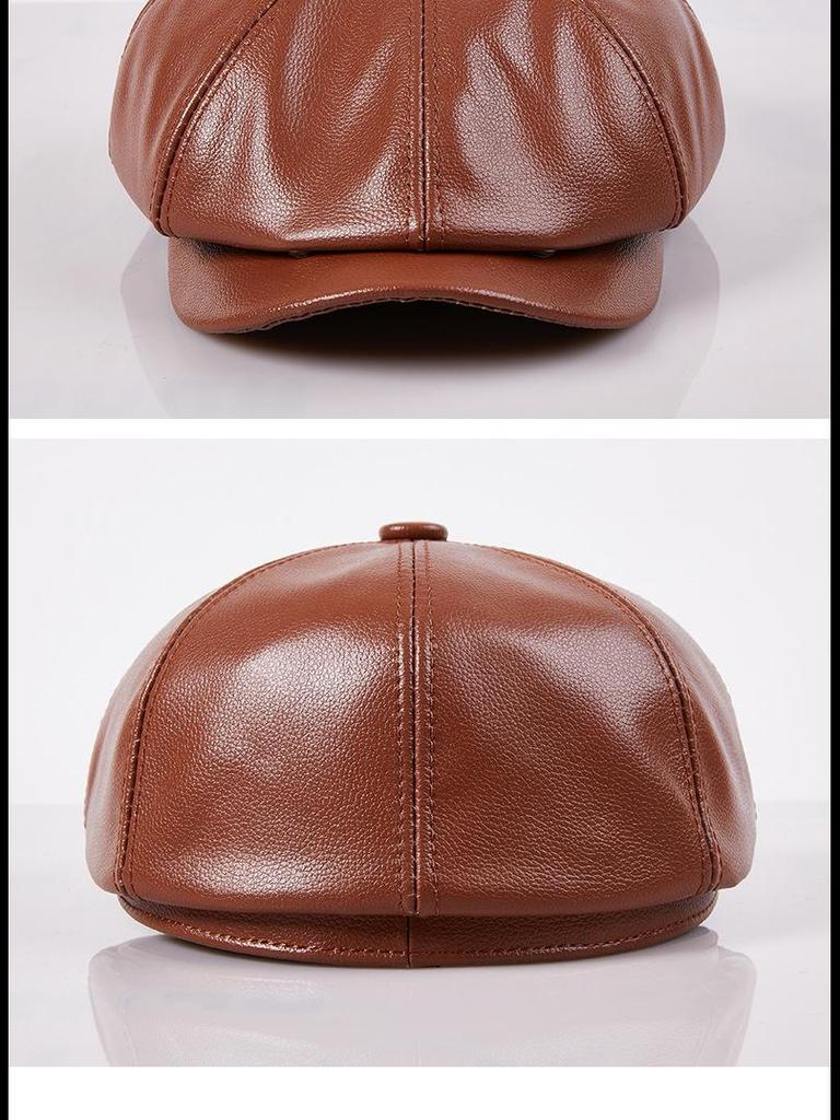 Trendy Korean-Style Cowhide Leather Octagonal Beret for Men - Autumn/Winter