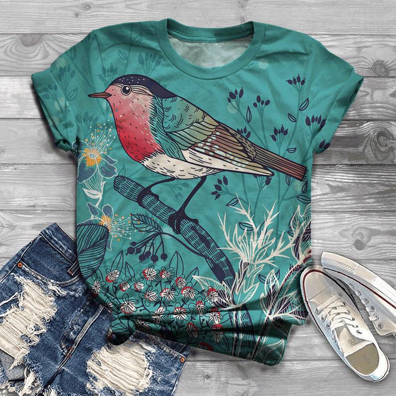Summer Bird Pattern 3D Digital Print Women's Plus Size Fashionable Short Sleeved T-shirt