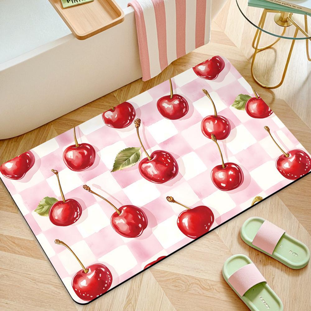 Cartoon Strawberry Cherry Fruits Pattern Diatom Mud Bathtub Mat Absorbent Non-slip Strawberry Bath Rug Modern Floor Mat