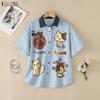 Women Casual Turn Down Collar Loose Short Sleeve Print Blouse