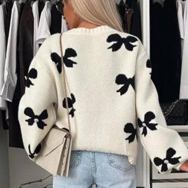 KOSY Sweter kardigan dzianinowy z nadrukiem kokardek Casual Damski sznurowany ażurowy z okrągłym dekoltem i długim rękawem Swetry damskie