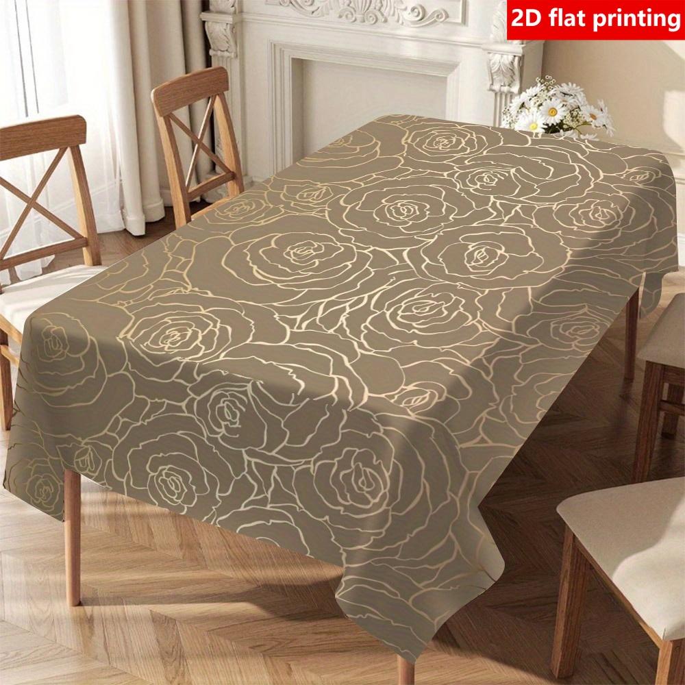 2D Flat Printing, 1pc Modern Elegant Brown Floral Pattern Tablecloth, Durable Polyester, Flat Print, Brown-Golden Rose Design, Suitable for Weddings,