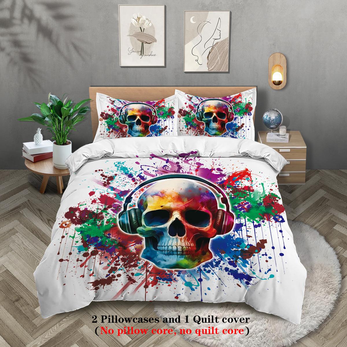 

3-piece down duvet cover with skull pattern print (1 duvet cover+2 pillowcases, no core) gradient soft bedding set 135x200cm-EU-Single