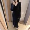 [] V-neck Knitted Dress, Autumn and Winter Slim-fitting Temperament, Bottom Flared Sleeve Sweater, Long Skirt