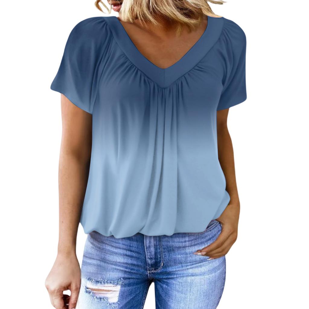 Women's Casual Color V-Neck Pleated Gradient Print Short-Sleeve Top
