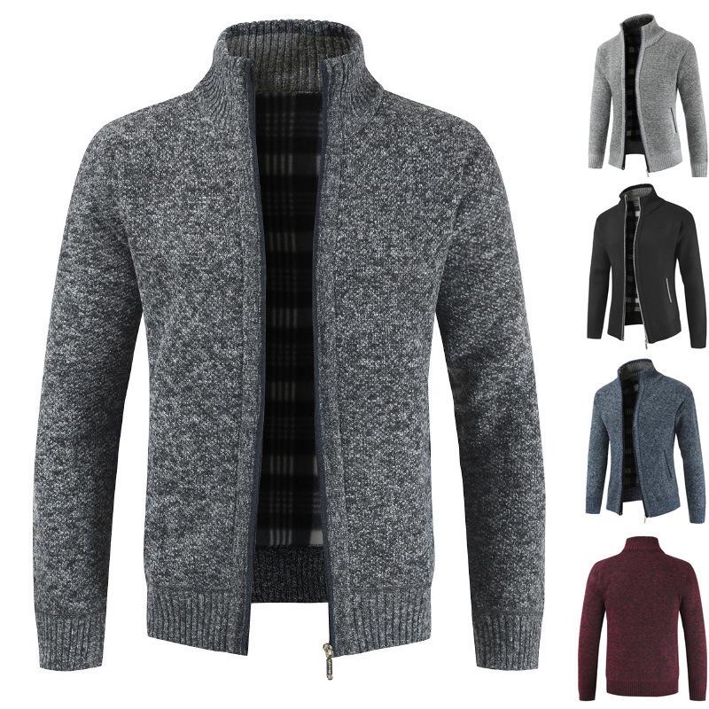 Chunky Knit Fleece-Lined Zipper Cardigan: Stand Collar Winter Sweater