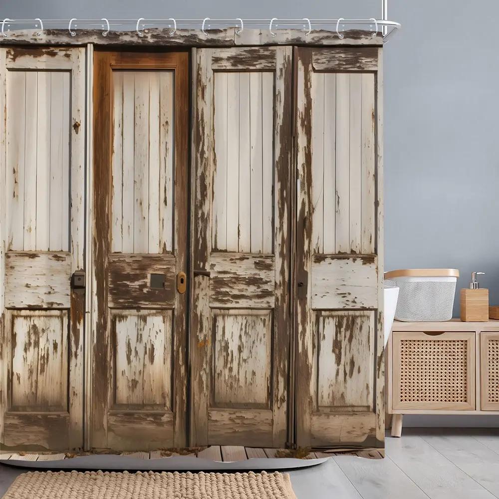Vintage Wooden Door Shower Curtain Rustic Door Window Wheel Botanical Barn Polyester Shower Curtains Bathroom Decor with Hooks