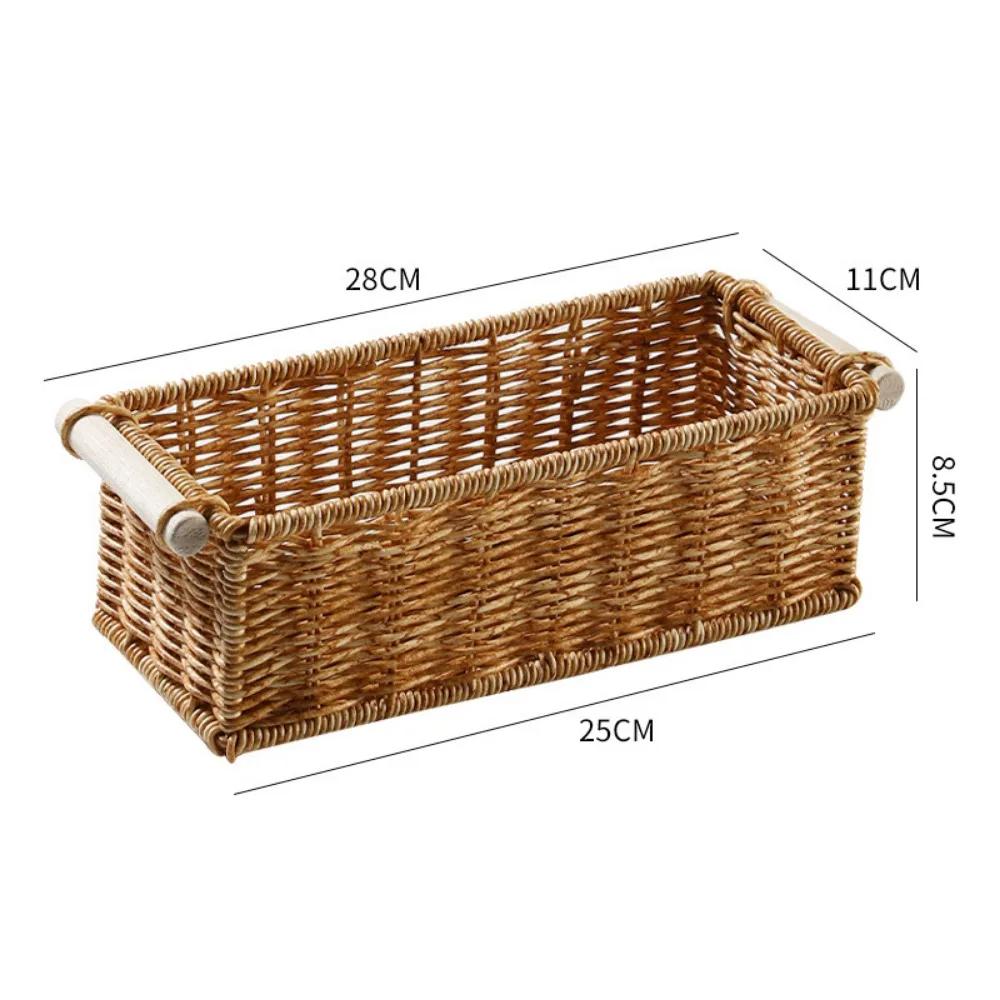 Creative Brown Storage Basket Wood Handle Rectangle Desktop Organization Box Woven Pattern Organizing Baskets Bedroom Decor