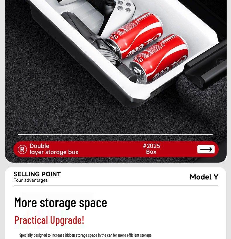 Tesla Model Y Überarbeiteter Stauraum unter dem Sitz und Organizer für die Mittelkonsole