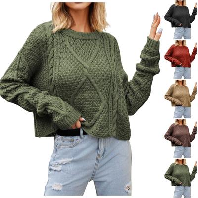 Women's Fashion Round Neck Solid Color Twisted Button Rope Chunky Knit Sweater Pullover Long Sleeve Loose Sweater