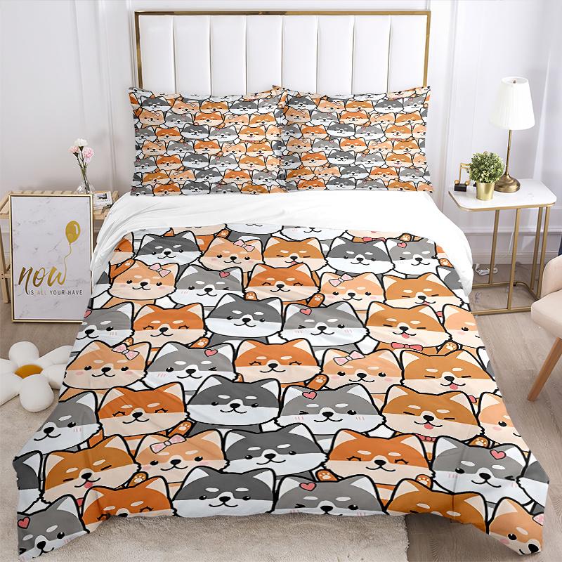 3pcs Cute Cartoon Dogs Quilt Cover Set (1 Quilt Cover + 2 Pillowcases Without Pillow Core)