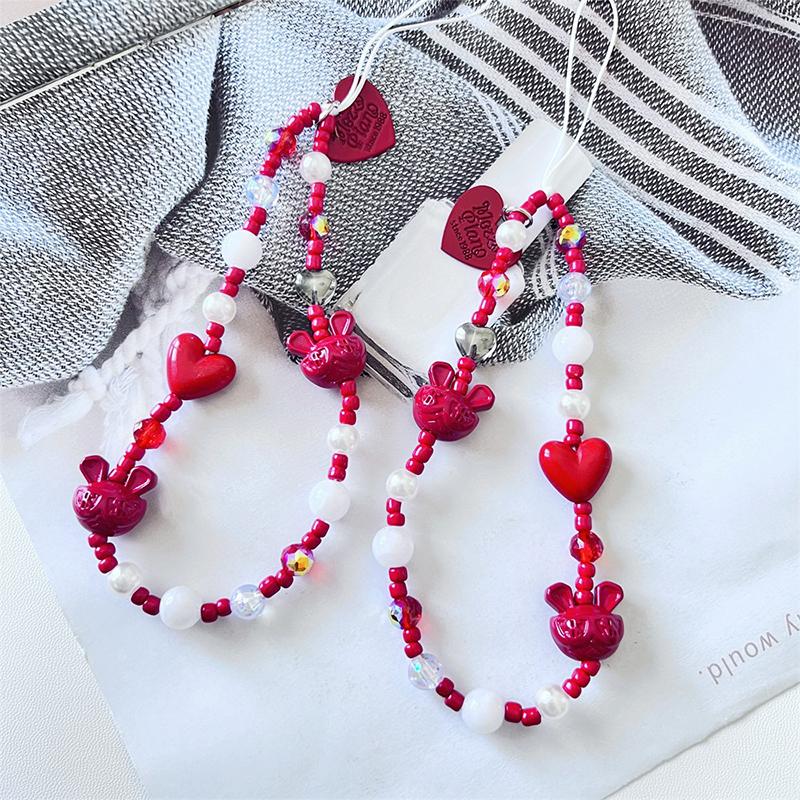 Strawberry Pearl Phone Chain Cherry Love Beads Pendant Charm Sweet Earphone Case Hanging Rope Anti-Lost Lanyard Strap Bag Decor