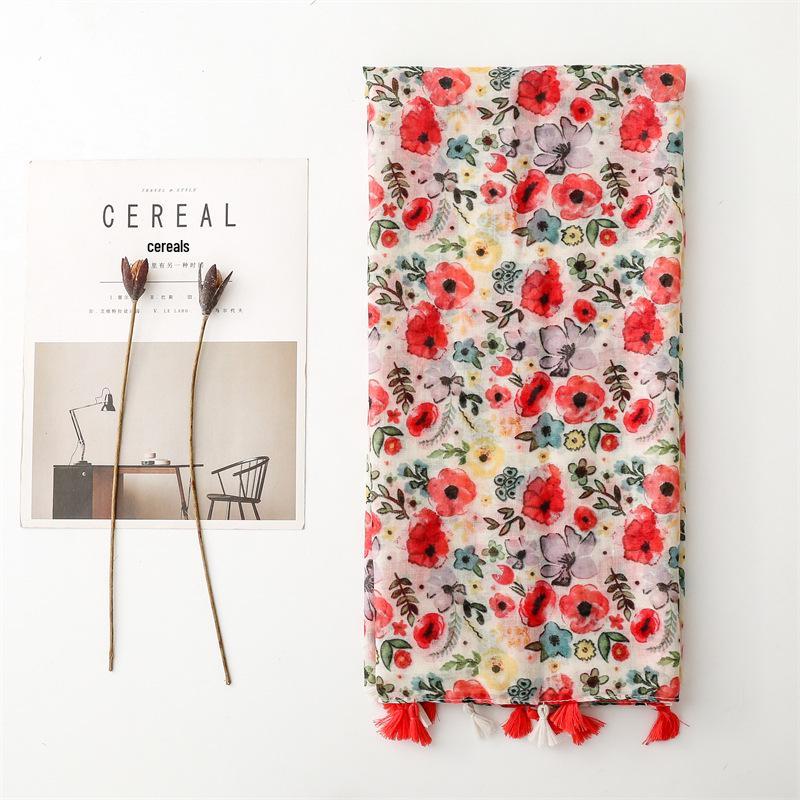 Damski szal/szal z różowej gazy w kwiaty w stylu koreańskim na wiosnę/lato - Lekki do podróży, na plażę i jako ochrona przed słońcem