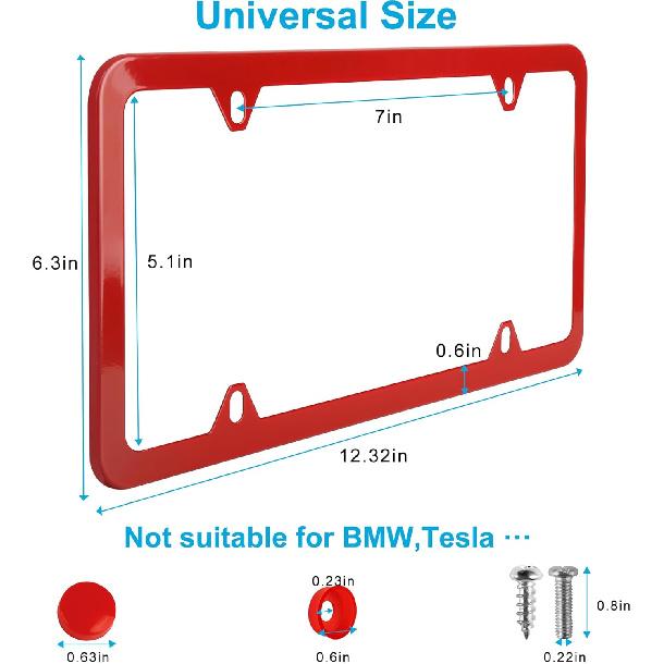 Red License Plate Frames 2 Pack, License Plate Holders Stainless Steel, Universal US Car License Plate Covers With Screws Washers Caps (4 Holes)